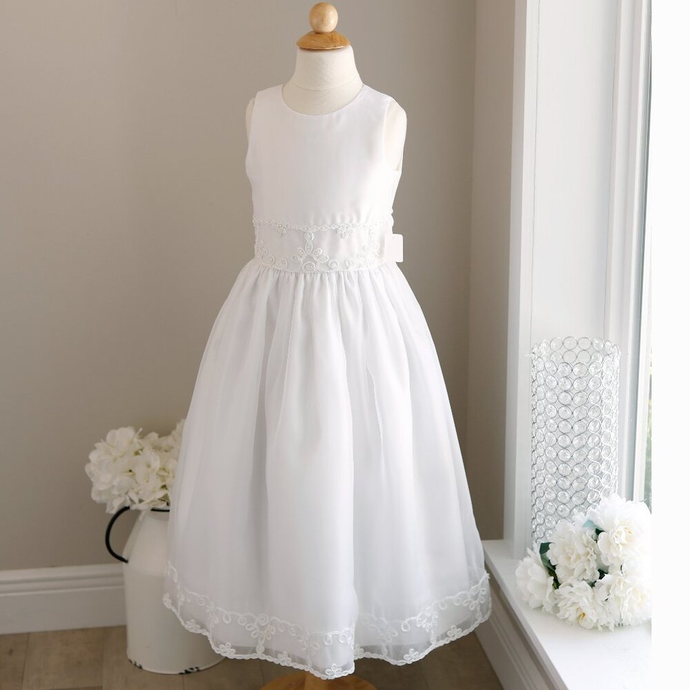 White Flower Girl Special Occasion Dress Formal Organza Overlay Bridal Satin